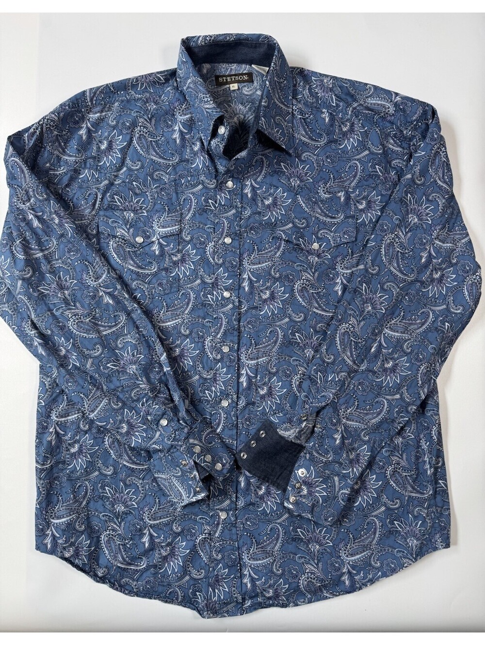 Stetson Mens XL Blue Paisley Pearl Snap Western Shirt Long Sleeve Cowboy